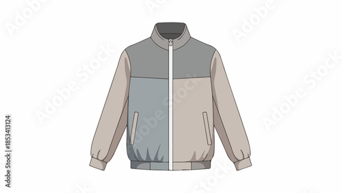 Colorful illustration of a zip-up jacket with gray, blue, and beige panels on a white background.