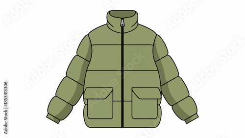 Olive green puffer jacket with two pockets and a zipper closure on a plain white background