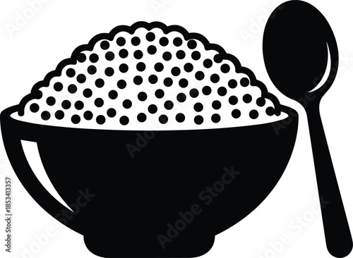 Modern solid symbol showing a balanced meal of cooked rice or seeds to denote specialized nutrition findings, organic agriculture, domestic cooking, and wellness.