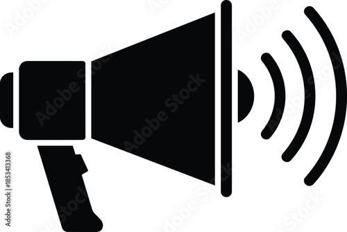 Modern solid symbol showing a bullhorn with signal lines to denote specialized social media promotion, breaking news notifications, public speaking events, and findings.