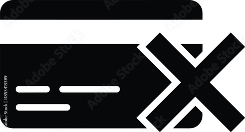 Modern solid symbol showing a payment card with an X mark to denote specialized banking errors, fraud prevention alerts, insufficient funds, and security findings.