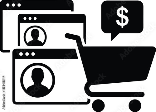 Simple flat graphic design of web browser windows and a retail trolley used for illustrating social media marketing funnels and specialized affiliate program services.