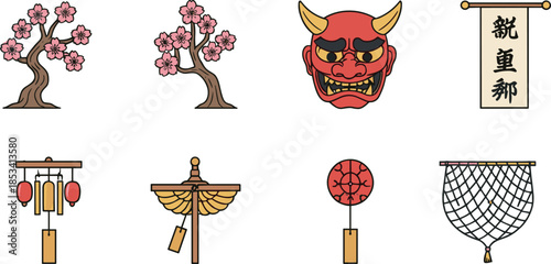 Japanese cultural icon set illustration featuring cherry blossom trees, oni mask, traditional wind chimes, hanging banner, and decorative heritage elements