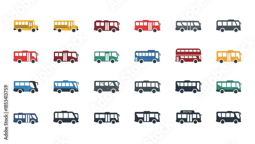 Collection of various colorful buses and coaches illustrated in different styles and designs