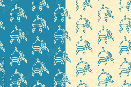 Spider robot hand drawn doodle seamless pattern on blue beige background set for kids merchandise. Futuristic drone robot engraving pattern background. Space galaxy robot hatching motif wallpaper