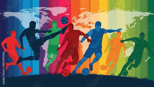 Energetic soccer players in action kicking balls on a world map background