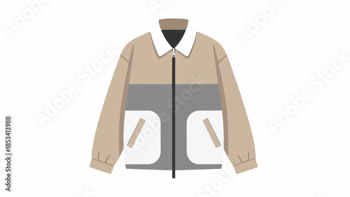 Flat lay illustration of a tan and gray jacket with white accents and a zipper closure on a plain white background.