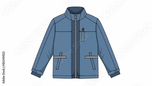 Illustration of a blue jacket with zippered pockets and a central zipper closure on a white background.