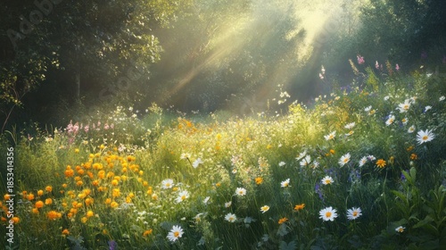 Soft, hazy sunlight of a late spring afternoon, casting long shadows over a wildflower meadow