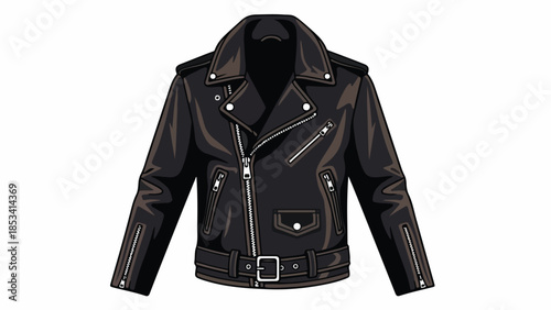 High-resolution illustration of a black leather biker jacket with silver hardware on a white background.