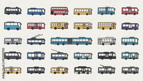 Colored Bus Icon Set for Public Transportation and Urban Travel Concept