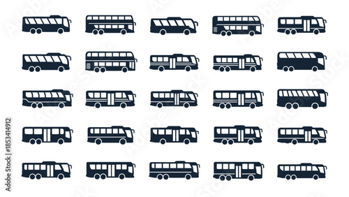 A comprehensive collection of diverse bus icons, showcasing various public transport vehicles in silhouette style for design and illustration projects, representing urban travel and passenger movement