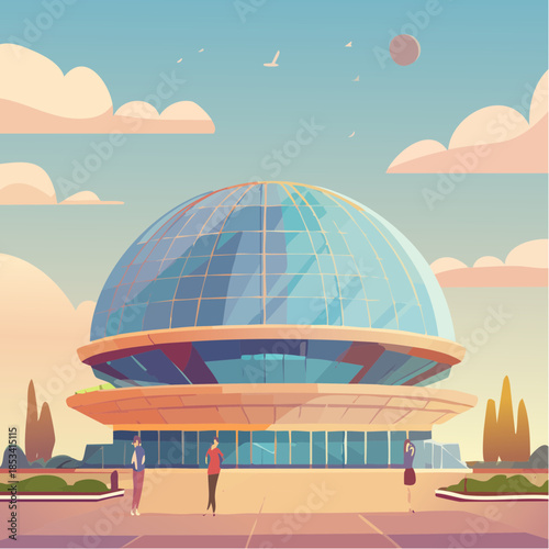 Centre commercial futuriste avec façade en verre et ambiance urbaine animée