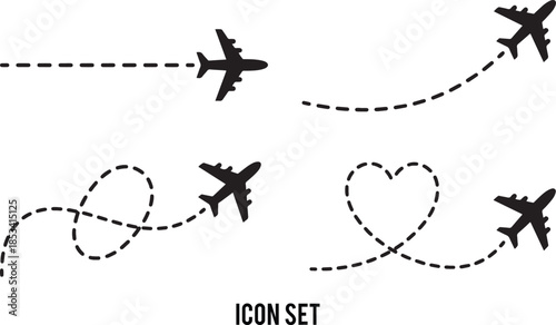Airplane route with dotted flight path. Flying plane symbol with twisted, curved, straight and heart shape dashed trace path. Transparent png and vector illustration.