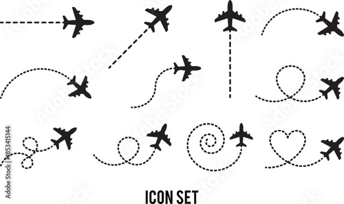 Airplane route with dotted flight path. Flying plane symbol with twisted, curved, straight and heart shape dashed trace path. Transparent png and vector illustration.