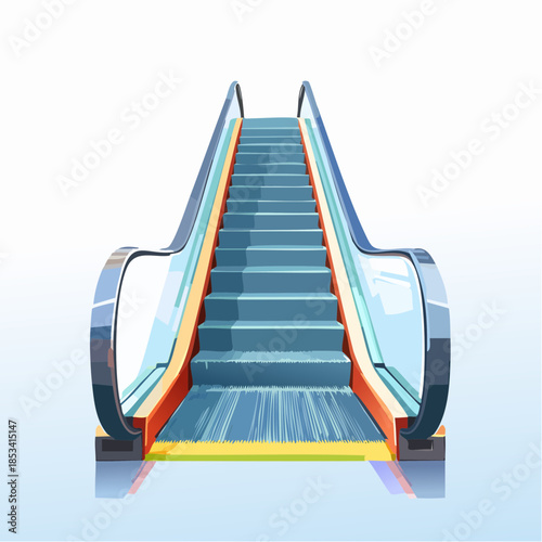 Escalator moderne avec design épuré, vue de face, isolé sur un fond blanc