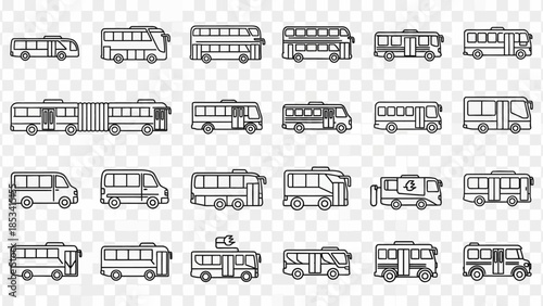 Comprehensive collection of diverse outline bus icons, depicting various transportation vehicles from urban transit to travel coaches, ideal for modern vector design projects