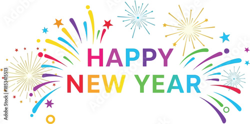Vibrant Happy New Year celebration with colorful fireworks and stars