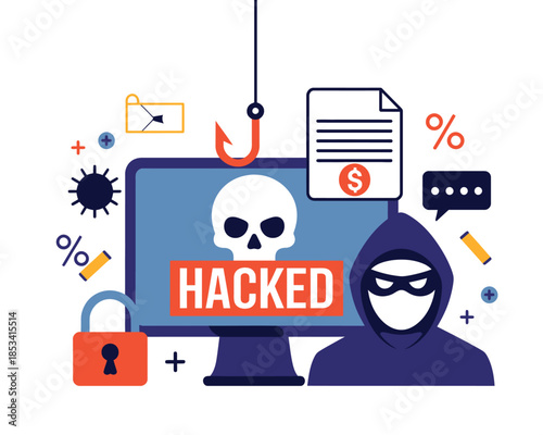 Hacker with skull icon and text 'HACKED' on computer screen, symbolizing cyber security threats.