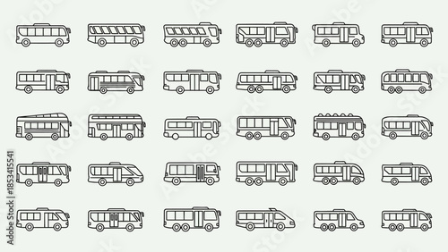 Collection of various bus icons in a grid layout for transportation and public transit themes
