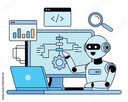 A friendly robot works on a computer, analyzing data and coding on a screen.