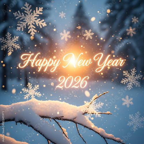 Happy New Year 2026 text with snowflakes and snowy branches on a winter background.