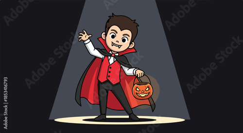 A cartoon boy dressed as a vampire with a red cape holds a jack-o-lantern in a spotlight.