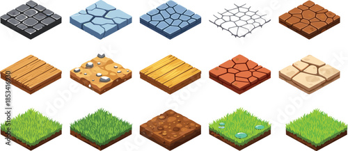 Isometric Game Tiles Vector Set Ground Textures Stone Wood Grass Sand Cracked Earth Ice Floor Block Map Design Asset Element Illustration.