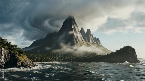 Dramatic view of jagged tropical mountains rising above a turbulent ocean under stormy swirling clouds