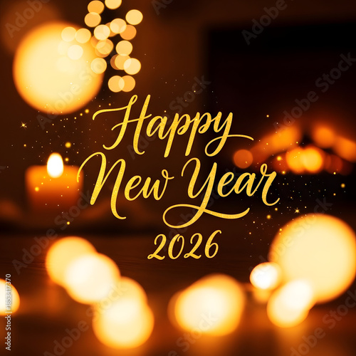 Happy New Year 2026 Greeting Card with Warm Bokeh Lights and Candle