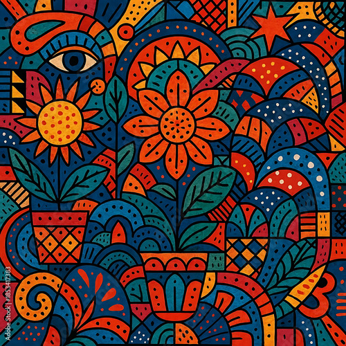 Rich maximalist illustration with layered shapes, bold patterns, vibrant objects and dynamic layout