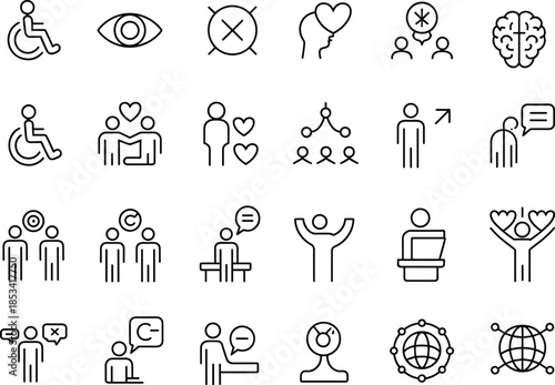 Minimalist human interaction line icons set showing accessibility emotions communication inclusion leadership psychology and global social connection concepts