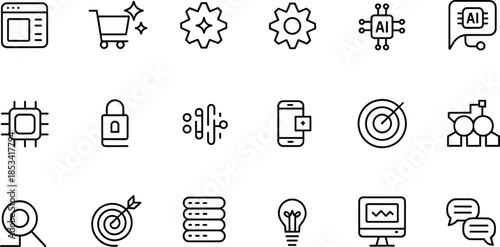 modern ai technology line icon set artificial intelligence ecommerce analytics security automation ui ux outline symbols vector