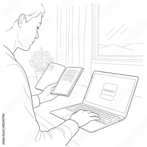 Person working on a laptop and notebook with plant and window view
