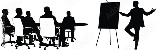 business meeting presentation silhouette teamwork corporate training conference discussion office people leadership seminar concept illustration
