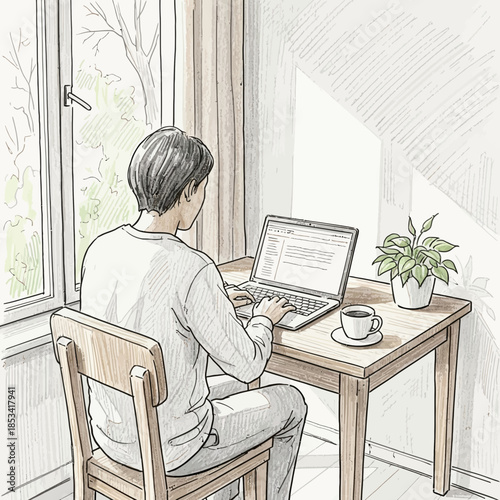 Person working on laptop at desk by window with coffee and plant