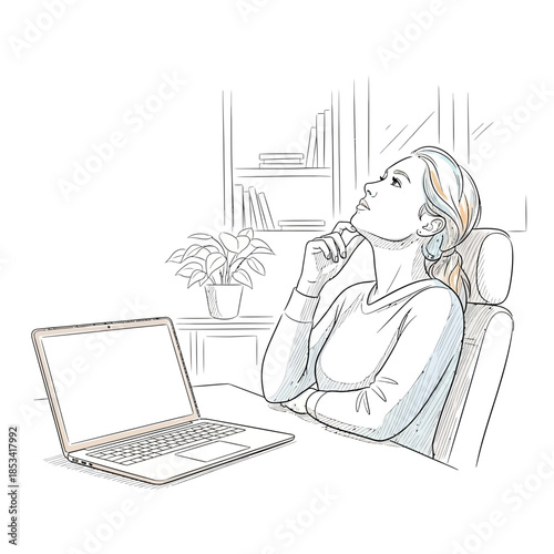Woman Thinking at Desk with Laptop and Bookshelf