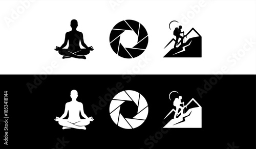 Yoga and hiking silhouette icon set