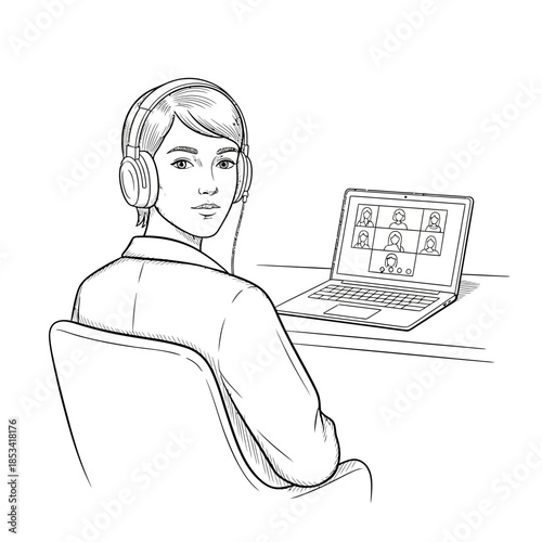 Young person wearing headphones attending online meeting on laptop, simple line art illustration