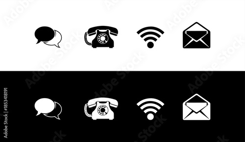 Set of communication icons in black and white color