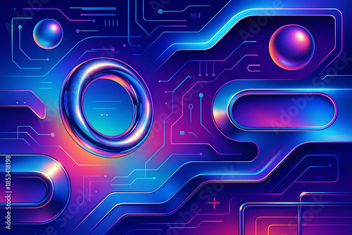 Vibrant retro-futurism Y2K art with chrome, neon glow, holographic tech shapes and cyber energy