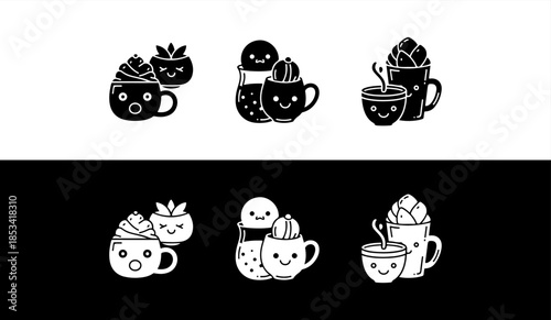 Cartoon coffee cups with different toppings and flavors