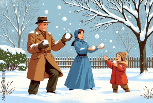 Vintage Family Snowball Fight in Winter Park Illustration
