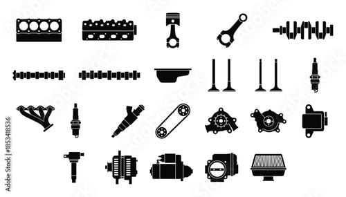 Detailed Silhouette Illustration Set of Car Engine Components Collection