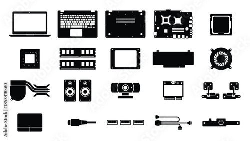 PC Hardware Parts Black Silhouette: Motherboard, CPU, RAM, GPU, and More Components