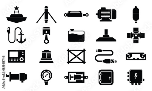 Collection of Mechanical Part Icons in Black Silhouette Style, Engineering Set