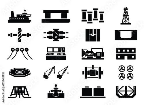 Monochrome Illustration Set: Industrial Oil and Gas Equipment Silhouette