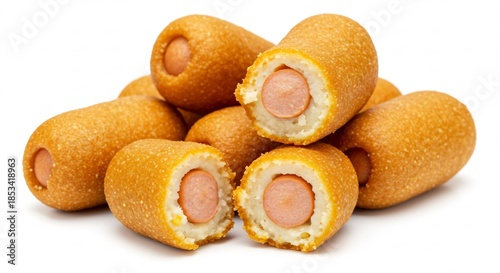 Crispy golden mini corn dogs with savory sausage filling glowing under bright studio light. AI Generated