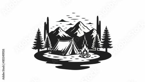 Tranquil mountain campsite with tents by river.