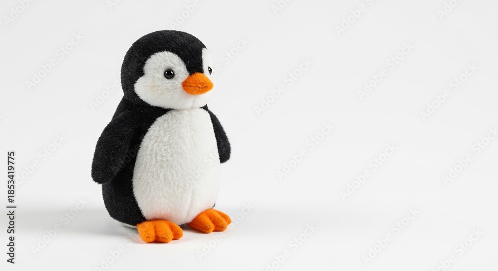 Fototapeta premium Playful fluffy penguin toy with bright orange accents stands proudly on a crisp white surface under soft even light. AI Generated